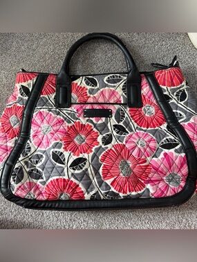 Vera Bradley Quilted Floral Tote in Pink and Red with Black Trim
